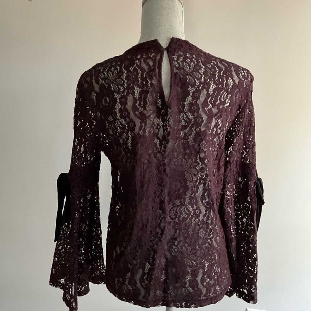 Loft Long Sleeved Burgundy Lace & Ribbons Top Size Small - Picture 7 of 8